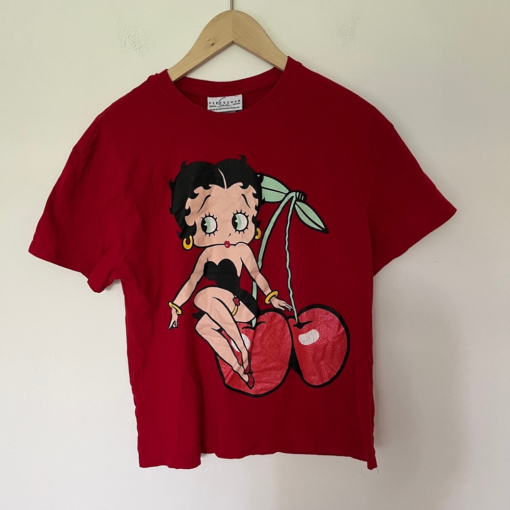 Fleischer Studios Betty Boop Cherry Graphic T-Shirt Red Glitter Short Sleeve S